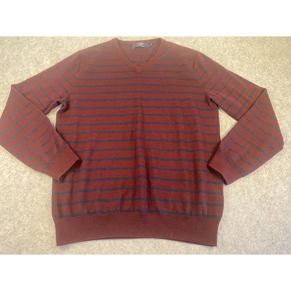 J Crew Merino Wool Burgundy Navy Striped V Neck Sweater Men M